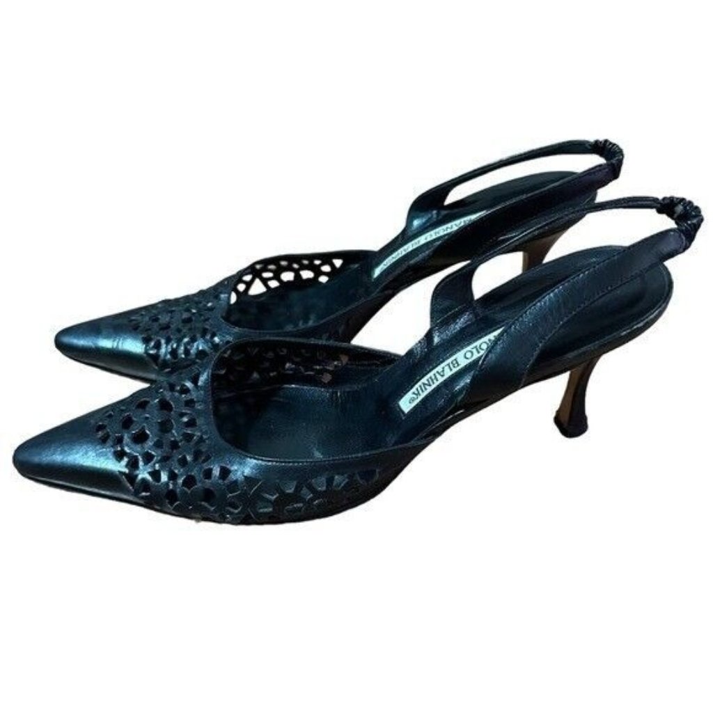Manolo Blahnik Black Floral Eyelet Slingbacks Pumps Heels Size 38